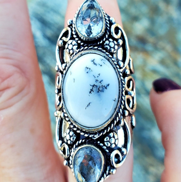 New Dendritic Opal & White Topaz 925 Silver Statement Ring. - Picture 6 of 14